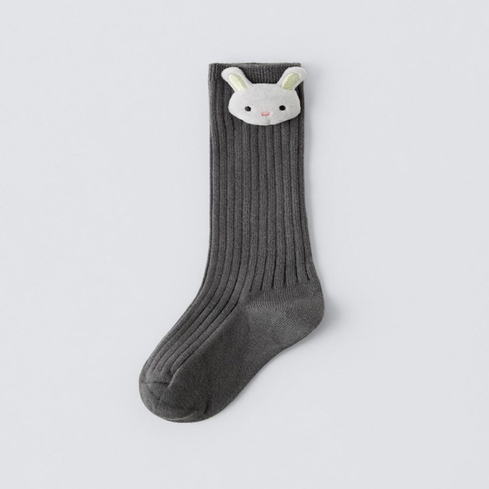 NWT Zara Girls Grey Ribbed Spring Easter 3D Bunny tall knee socks 4 5 6 Years